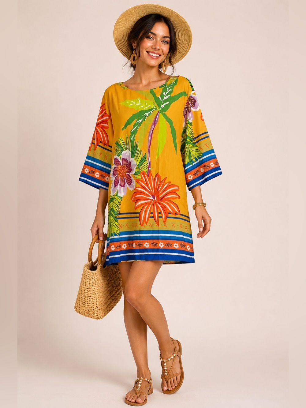 ChicMe XL Floral Palm Tree Print Dress Yellow Multicolor Boho Tunic Kaftan